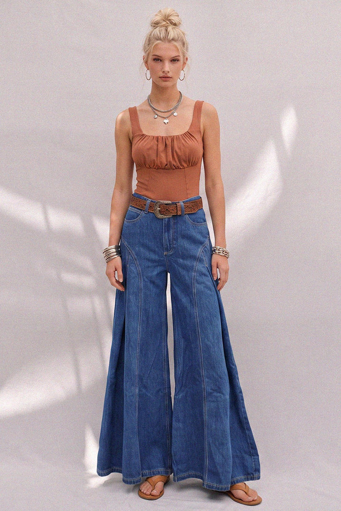WIBOHO PLEATED WIDE-LEG DENIM PALAZZO PANTS W2436PIA