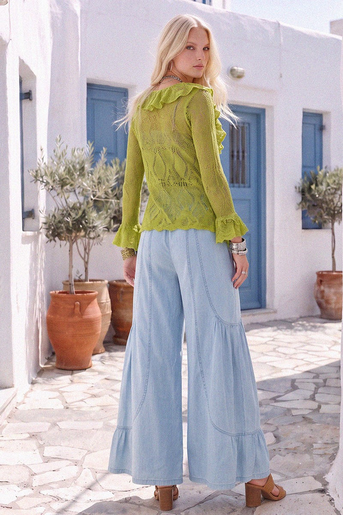 BOHO WIDE LEG DENIM TIERED PALAZZO PANTS W2433PIA