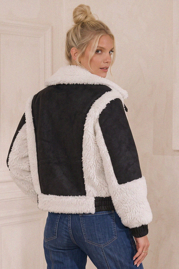 FAUX LEATHER SHEARLING MOTO JACKET W6429JIA
