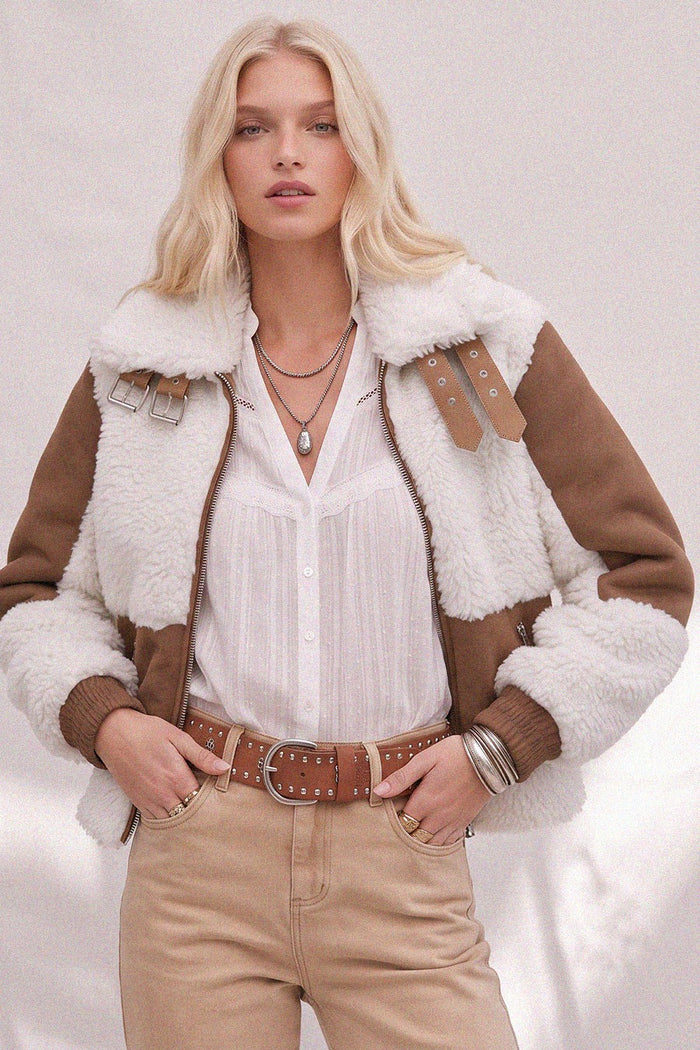FAUX LEATHER SHEARLING MOTO JACKET W6429JIA
