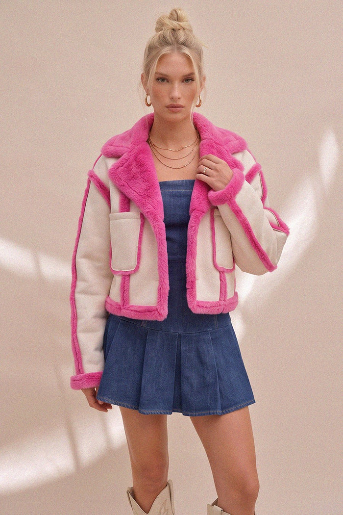 CONTRAST FUR FAUX SUEDE JACKET W6430JIA