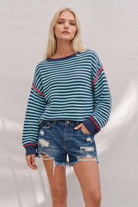 STRIPED TEXTURED BOATNECK PULLOVER SWEATER W1582TIA