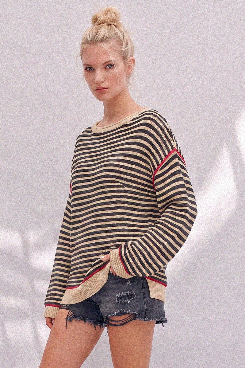 STRIPED TEXTURED BOATNECK PULLOVER SWEATER W1582TIA