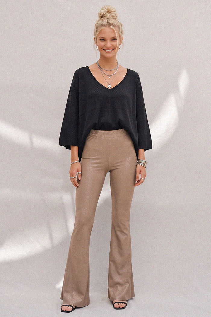 FAUX LEATHER ANIMAL PRINT KNIT BELLBOTTOM PANTS W2220PIM