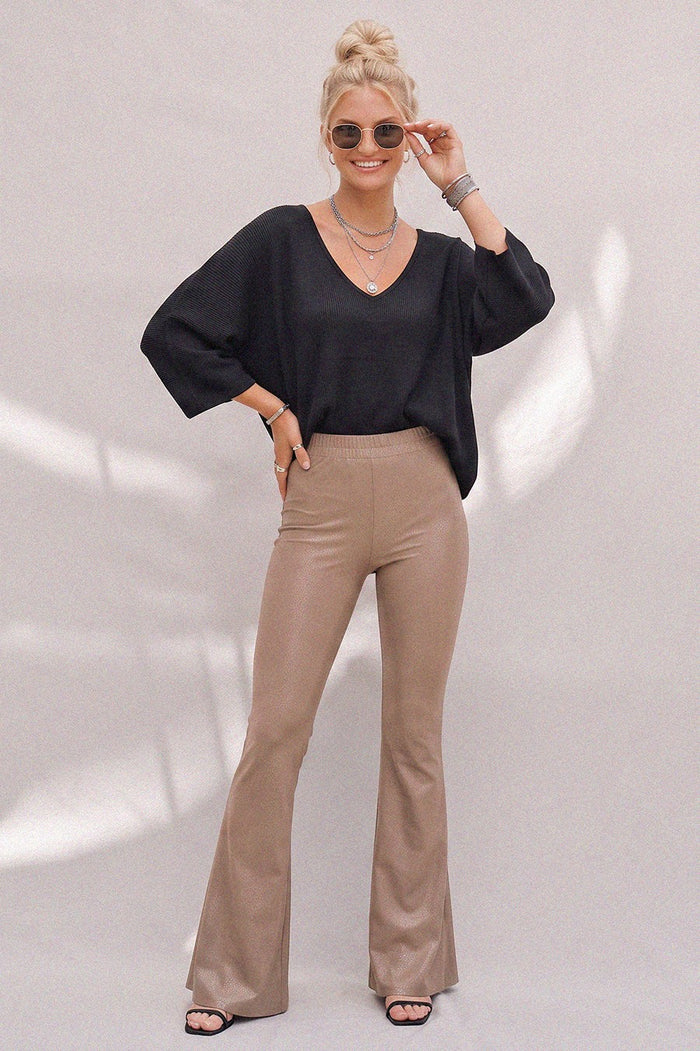 FAUX LEATHER ANIMAL PRINT KNIT BELLBOTTOM PANTS W2220PIM