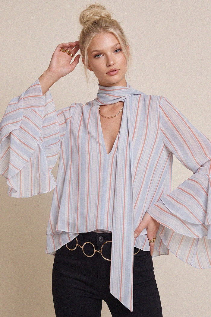 STRIPED SHEER RUFFLED BLOUSE WITH NECK TIE DETAIL W1627TIA