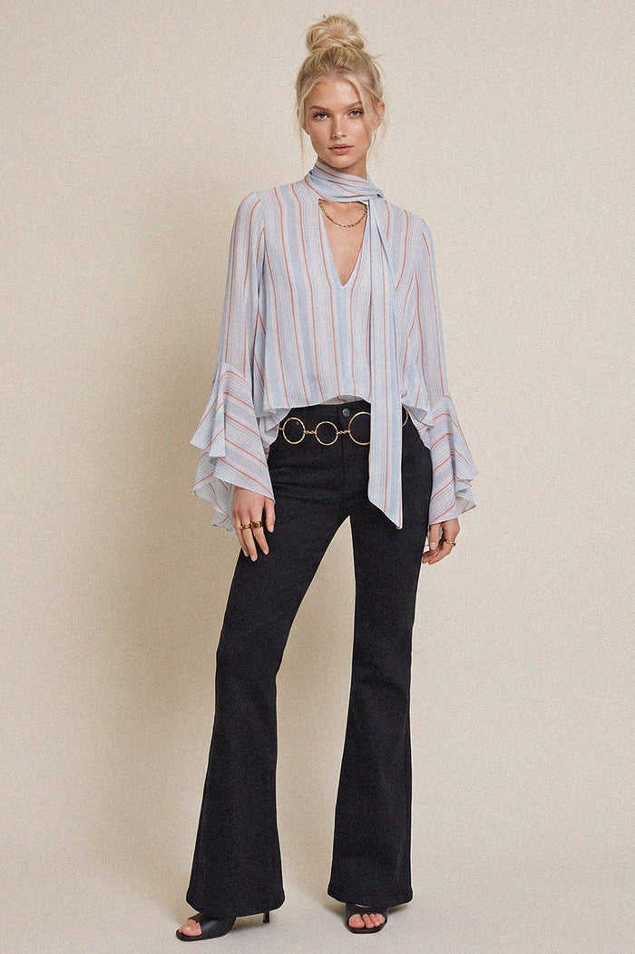 STRIPED SHEER RUFFLED BLOUSE WITH NECK TIE DETAIL W1627TIA