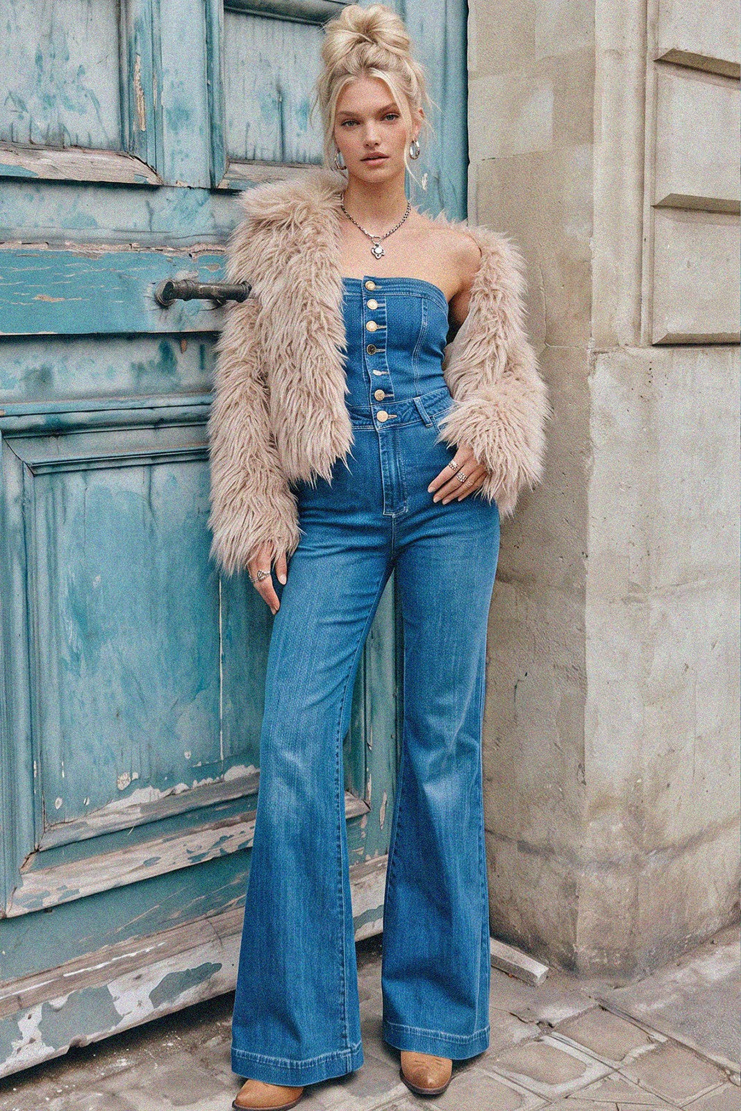 TUBE BUTTONED FLARED DENIM JUMPSUIT W4421RIA