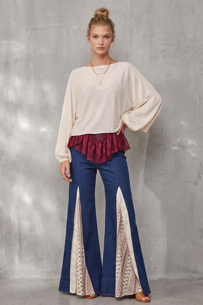 MIX MEDIA LACE DETAIL WIDE LEG JEANS W2481PIC