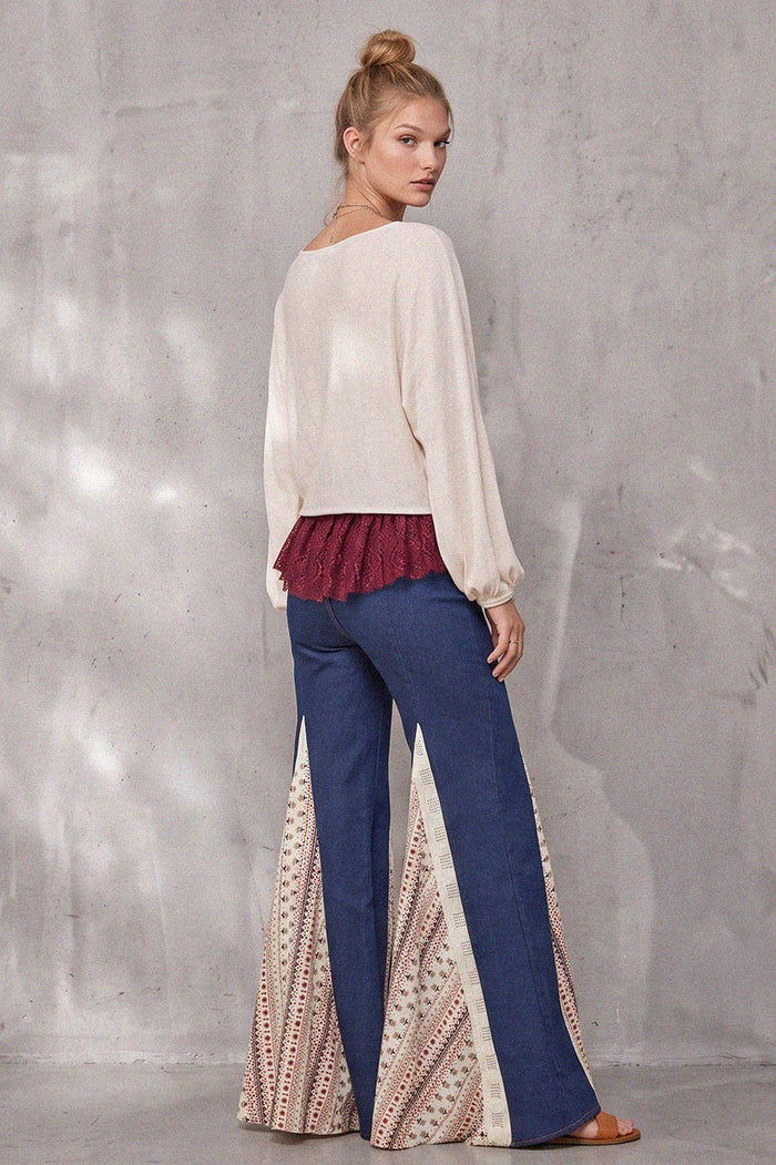 MIX MEDIA LACE DETAIL WIDE LEG JEANS W2481PIC