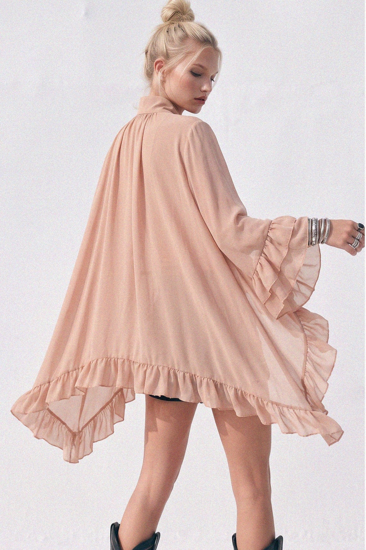 RUFFLED BLOUSE WITH MOCK NECK AND LONG ASYMMETRICAL SIDES W1566TIA