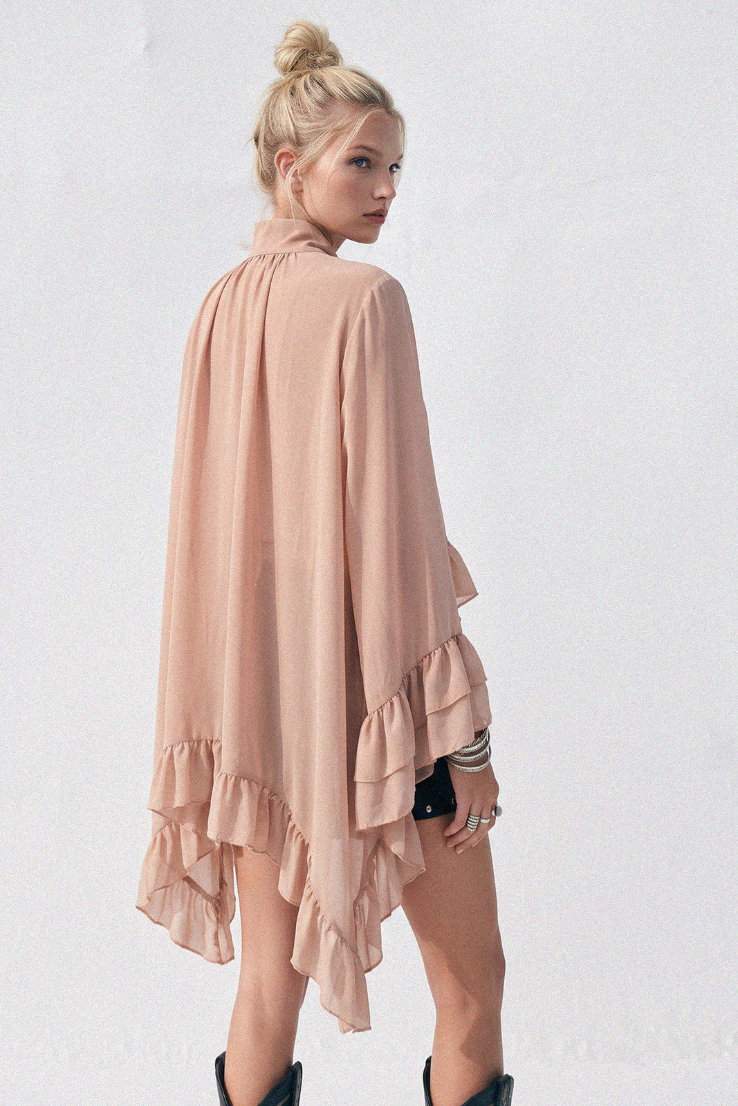 RUFFLED BLOUSE WITH MOCK NECK AND LONG ASYMMETRICAL SIDES W1566TIA