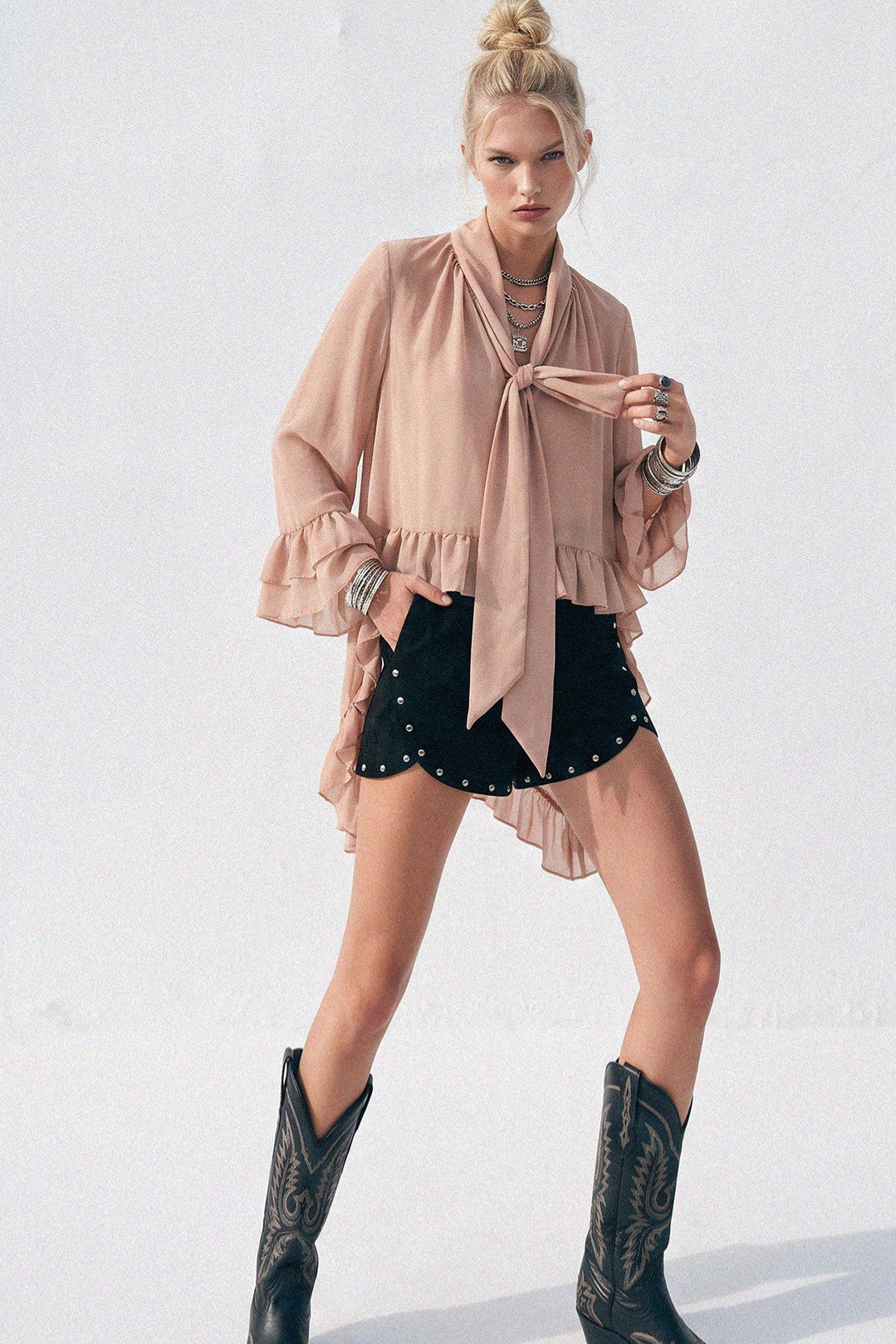 RUFFLED BLOUSE WITH MOCK NECK AND LONG ASYMMETRICAL SIDES W1566TIA