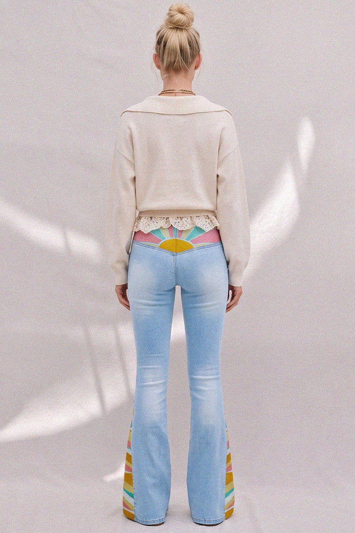 SUNRISE EMBROIDERY BOOTCUT BELLBOTTOM JEANS-W2345PIB