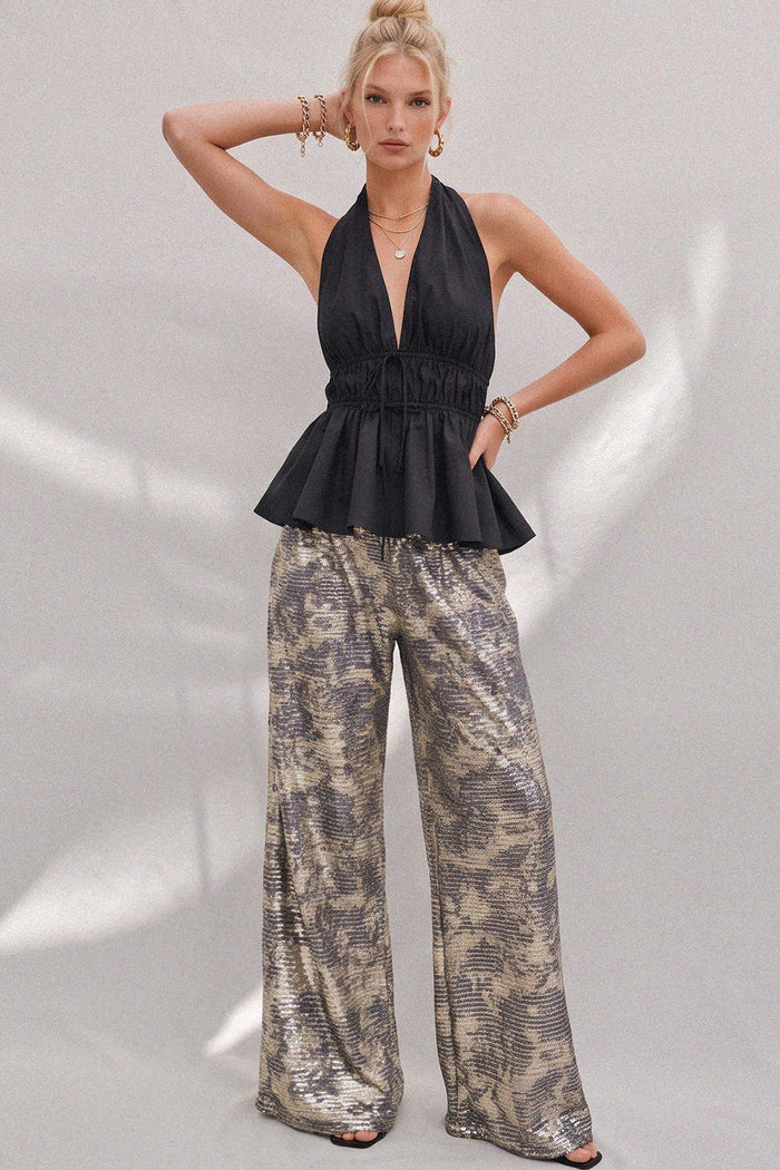 METALLIC SEQUIN WIDE LEG TROUSER PANTS W2372PA