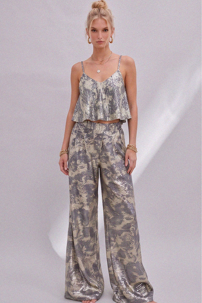 METALLIC SEQUIN WIDE LEG TROUSER PANTS W2372PA