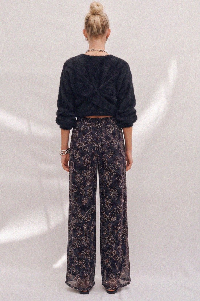 METALLIC FOIL PLEATED SHEER PANTS WITH LINING W2371PA