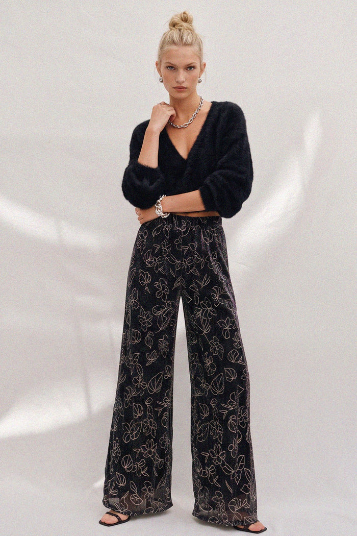 METALLIC FOIL PLEATED SHEER PANTS WITH LINING W2371PA