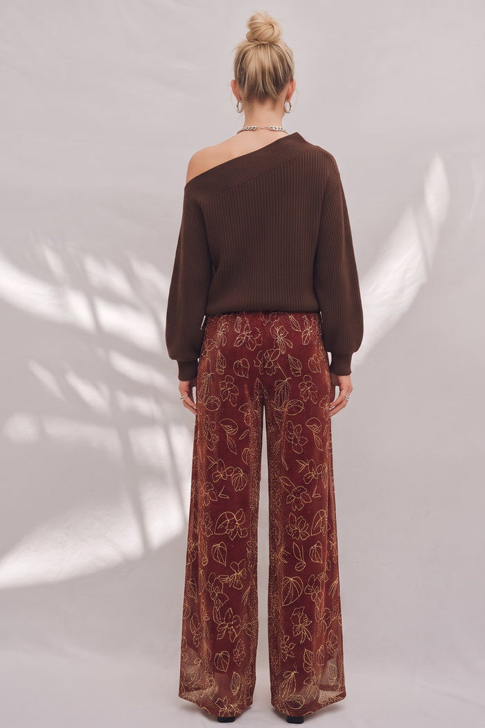 METALLIC FOIL PLEATED SHEER PANTS WITH LINING W2371PA