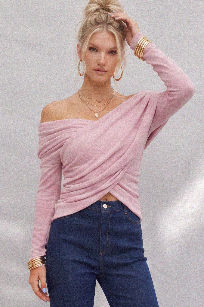 SOFT BRUSHED KNIT OFF SHOULDER RUCHED TOP - W1500TA