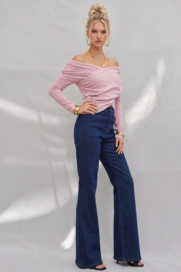 SOFT BRUSHED KNIT OFF SHOULDER RUCHED TOP - W1500TA