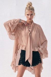 RUFFLED BLOUSE WITH MOCK NECK AND LONG ASYMMETRICAL SIDES W1566TIA