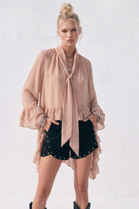 RUFFLED BLOUSE WITH MOCK NECK AND LONG ASYMMETRICAL SIDES W1566TIA