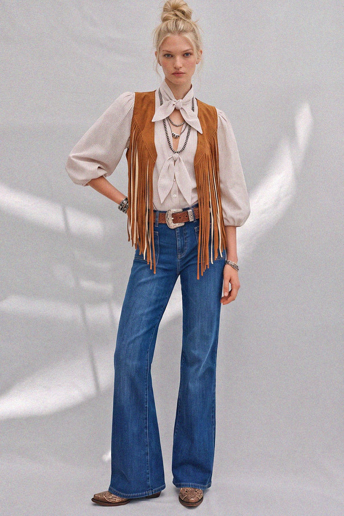 WESTERN 2TONE FRINGED FAUX SUEDETTE VEST W6408JIA