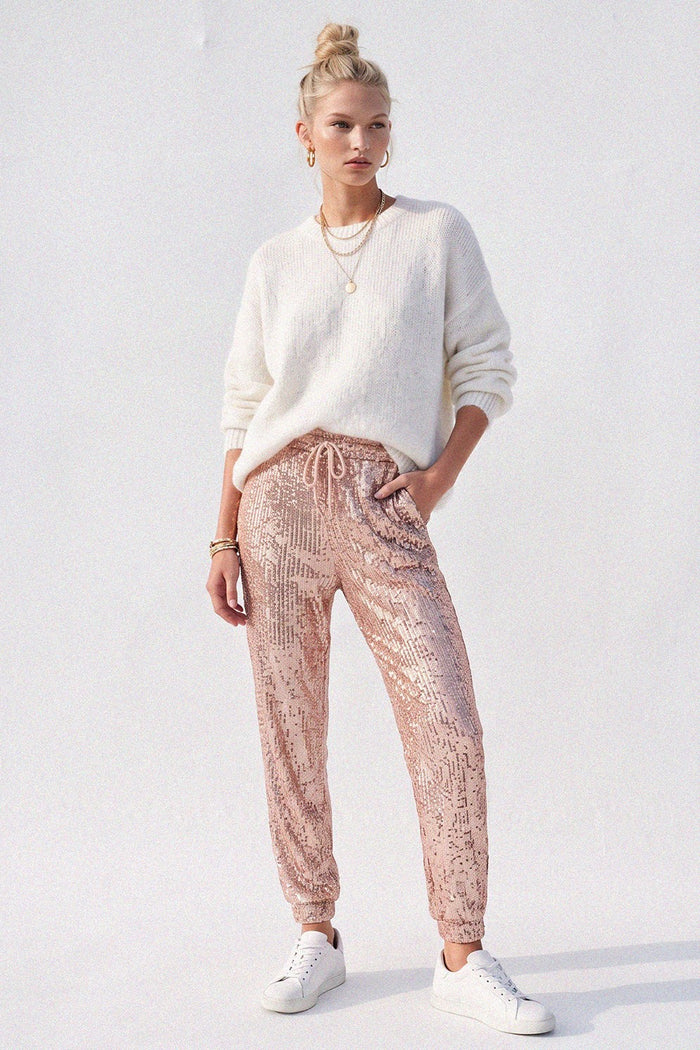 SEQUIN JOGGER PANTS W2408PIB ROSE GOLD