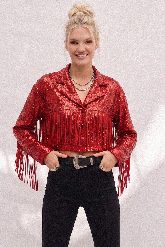 RED SEQUINS FRINGED BLAZER W6317JIA