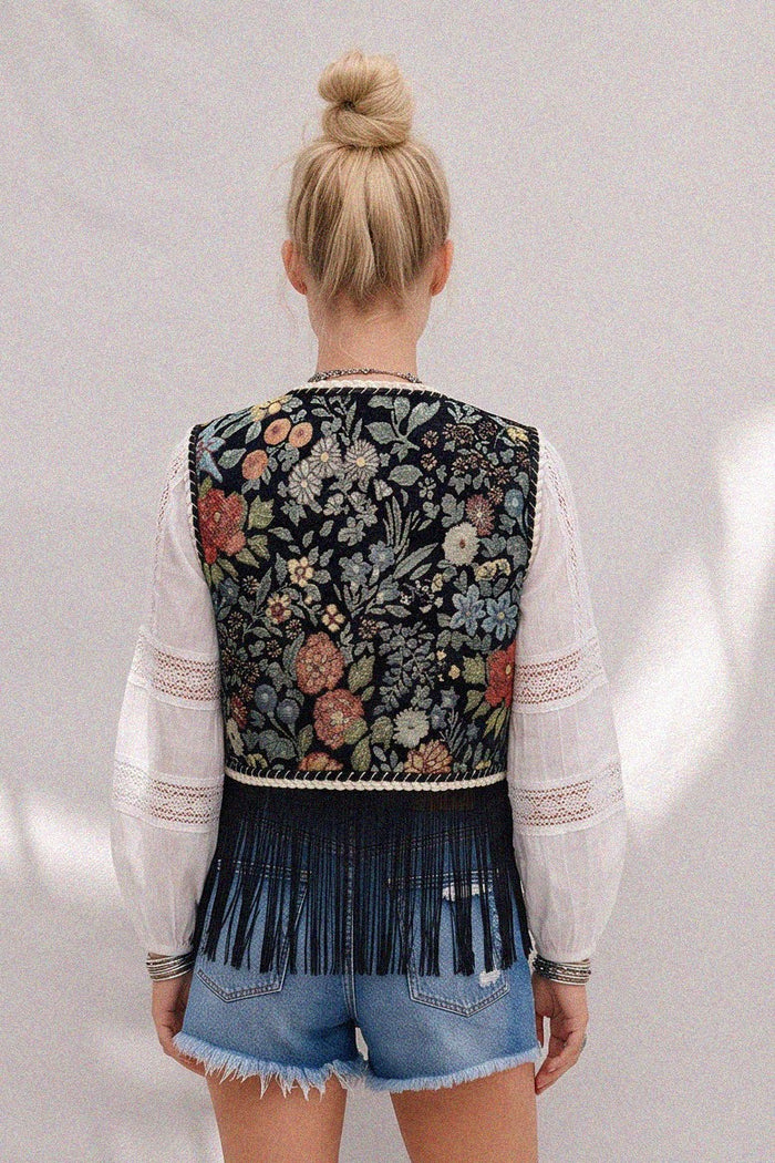 WESTERN TAPESTRY FRINGED VEST WITH FRONT TIE W6188JIA