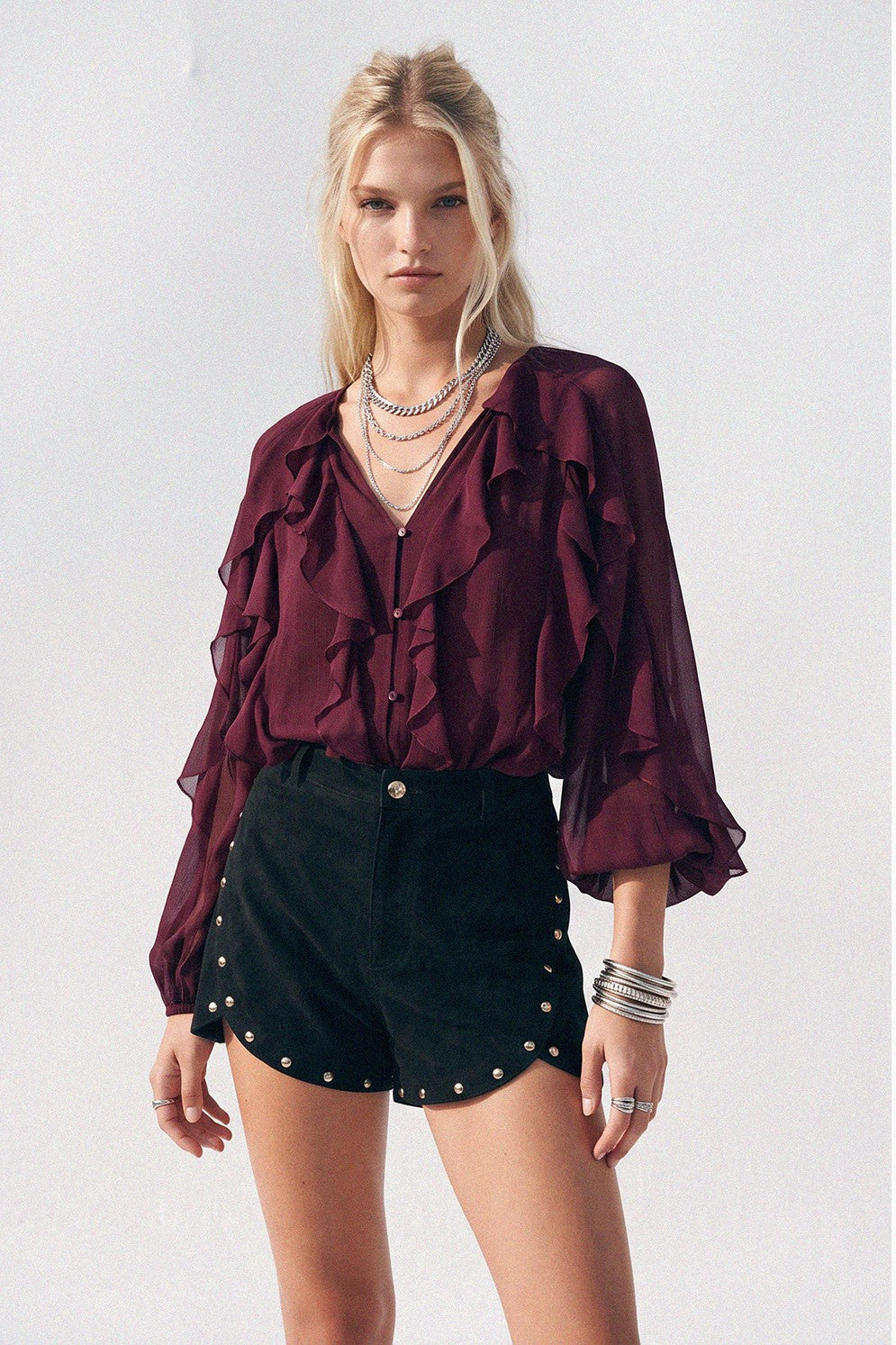 SHEER RUFFLED DETAIL BUTTON DOWN BLOUSE W1574TIA