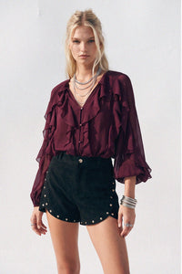 SHEER RUFFLED DETAIL BUTTON DOWN BLOUSE W1574TIA