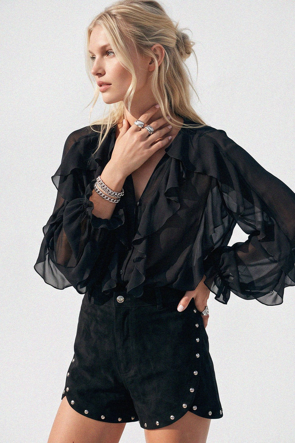 SHEER RUFFLED DETAIL BUTTON DOWN BLOUSE W1574TIA