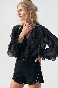SHEER RUFFLED DETAIL BUTTON DOWN BLOUSE W1574TIA