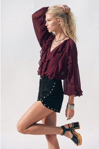 SHEER RUFFLED DETAIL BUTTON DOWN BLOUSE W1574TIA