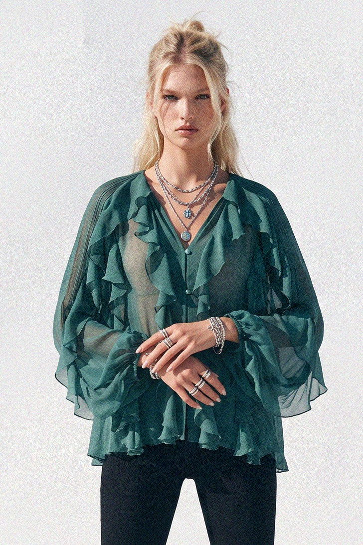 SHEER RUFFLED DETAIL BUTTON DOWN BLOUSE W1574TIA