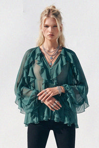 SHEER RUFFLED DETAIL BUTTON DOWN BLOUSE W1574TIA