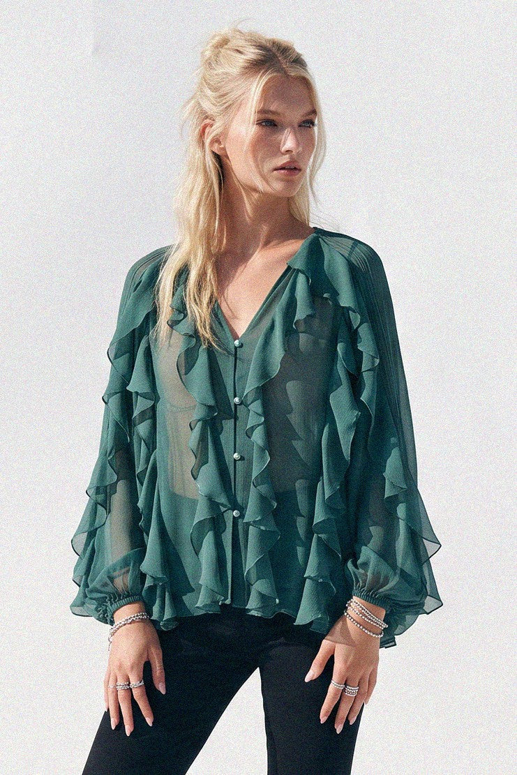 SHEER RUFFLED DETAIL BUTTON DOWN BLOUSE W1574TIA