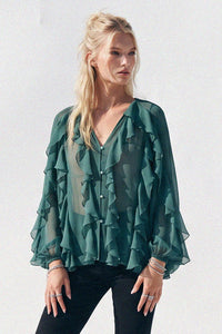 SHEER RUFFLED DETAIL BUTTON DOWN BLOUSE W1574TIA