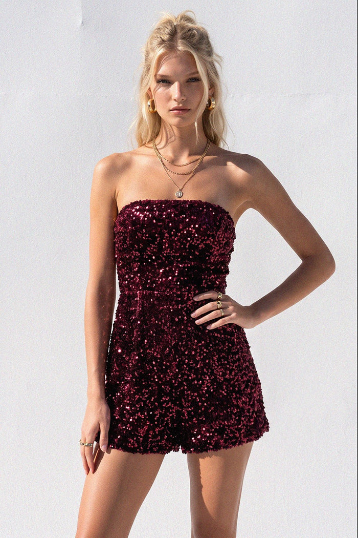 VELVET SEQUINS HOLIDAY TUBE ROMPER W4407RIC