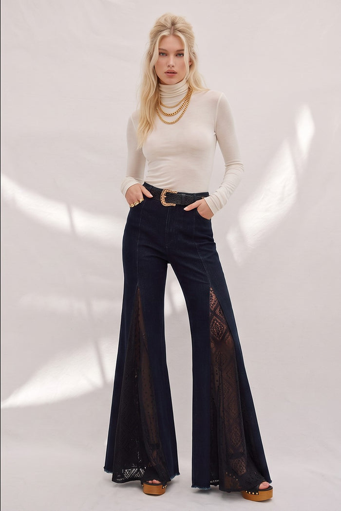 MIX MEDIA LACE DETAIL WIDE LEG JEANS W2481PIB