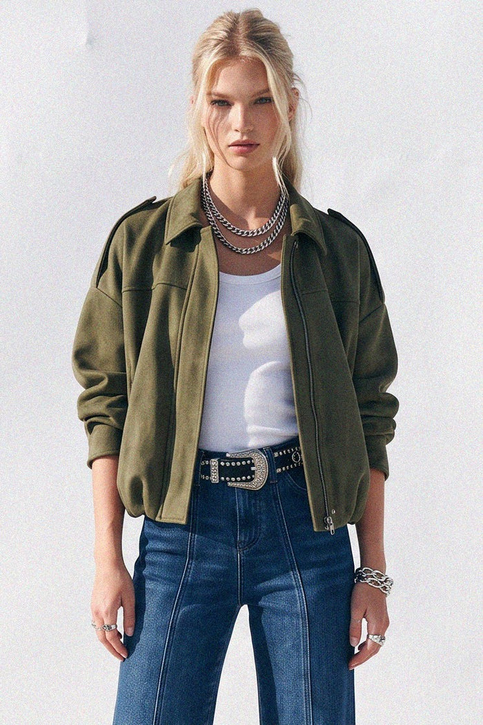 MICRO FAUX SUEDE BATWING SLEEVED BOMBER JACKET W6449JIA