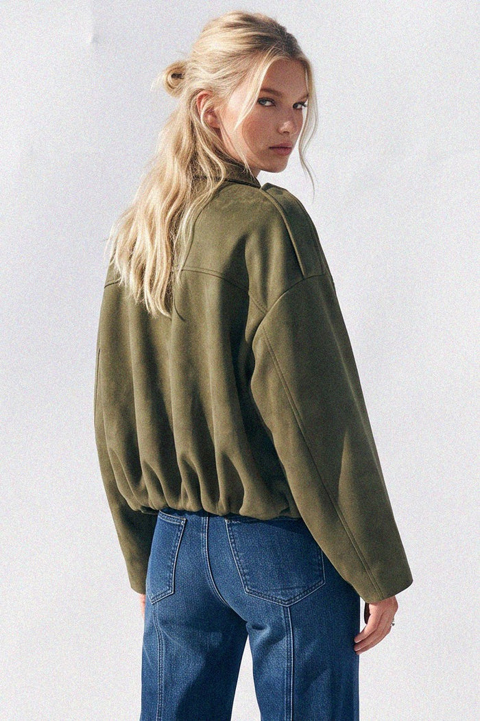 MICRO FAUX SUEDE BATWING SLEEVED BOMBER JACKET W6449JIA
