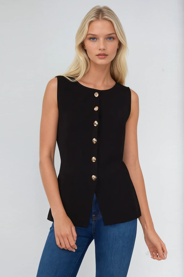 SLEEVELESS FINE KNIT GOLD BUTTON PEPLUM TOP W1486TIA