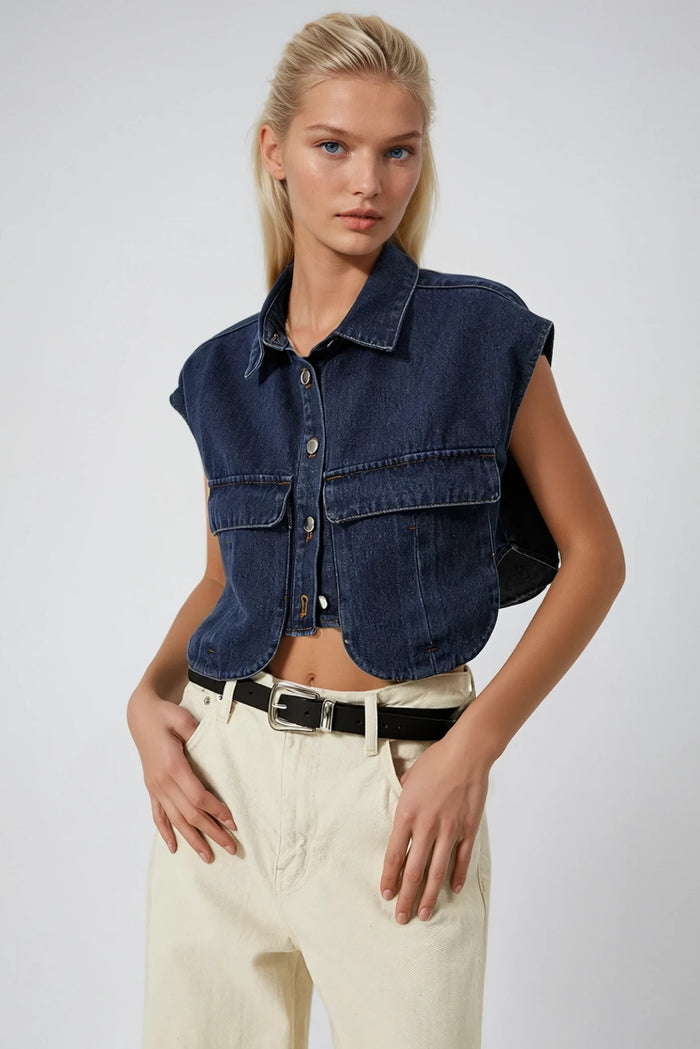CROPPED UTILITY DENIM TOP WITH OVERSIZED POCKETS 1518