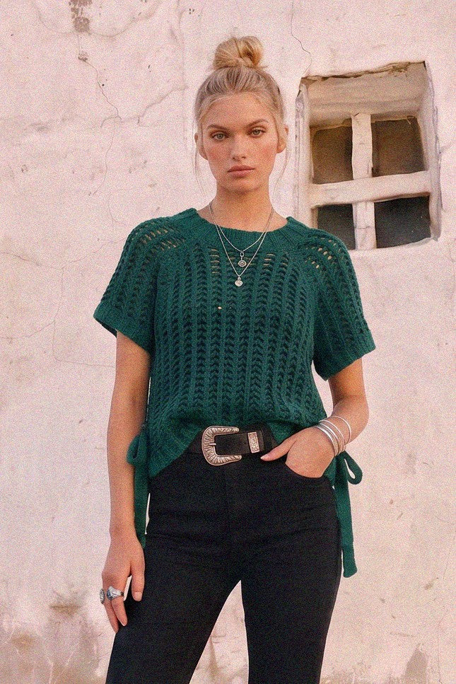 CHUNKY KNIT CROCHET SWEATER TOP WITH SIDE TIES W1551TIB