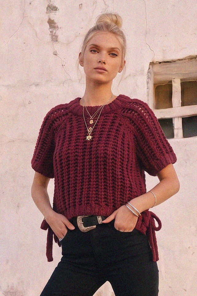 CHUNKY KNIT CROCHET SWEATER TOP WITH SIDE TIES W1551TIB