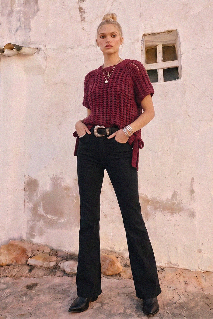 CHUNKY KNIT CROCHET SWEATER TOP WITH SIDE TIES W1551TIB