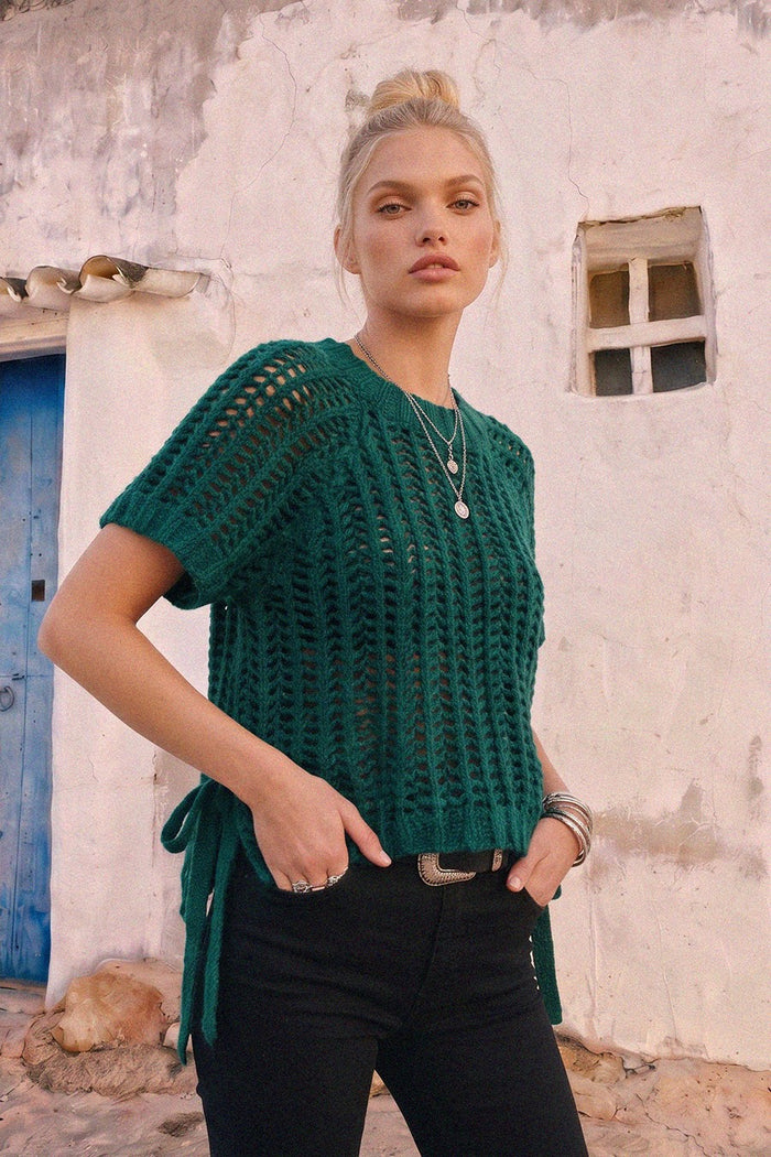 CHUNKY KNIT CROCHET SWEATER TOP WITH SIDE TIES W1551TIB